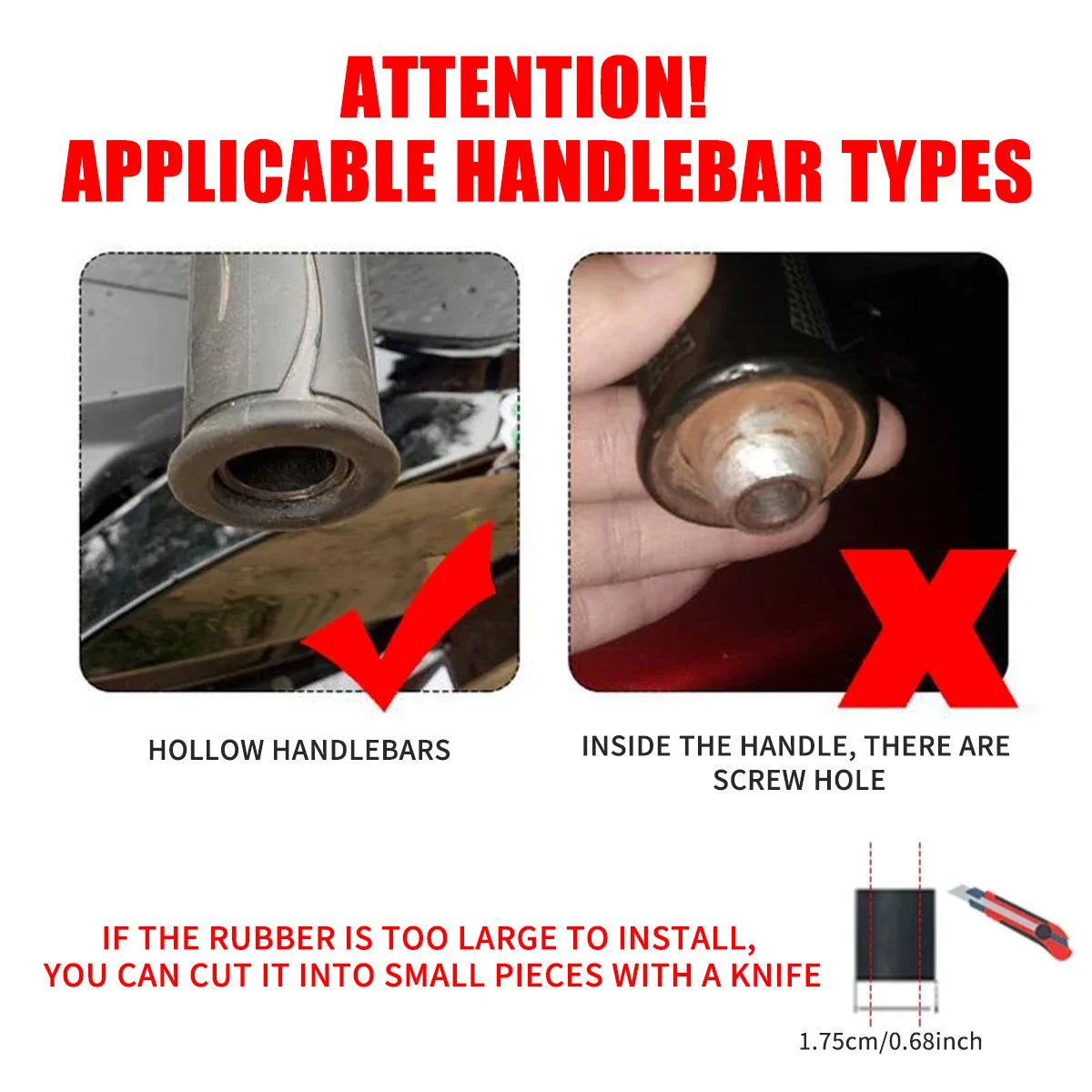 Diagram showing applicable handlebar types, including hollow handlebars and those with a screw hole.
