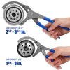 A hand is shown using adjustable oil filter pliers to grip and turn a metal filter component.