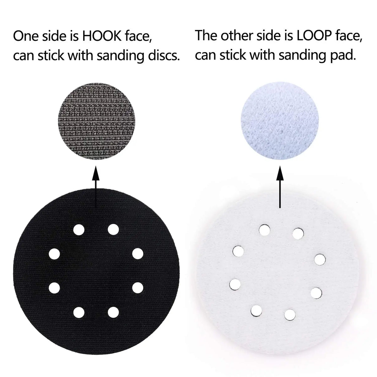 Two abrasive interface pads, one hook face for sanding discs and one loop face for sanding pads.