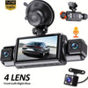A black dash camera with a large screen, multiple lenses, and an attached microphone.