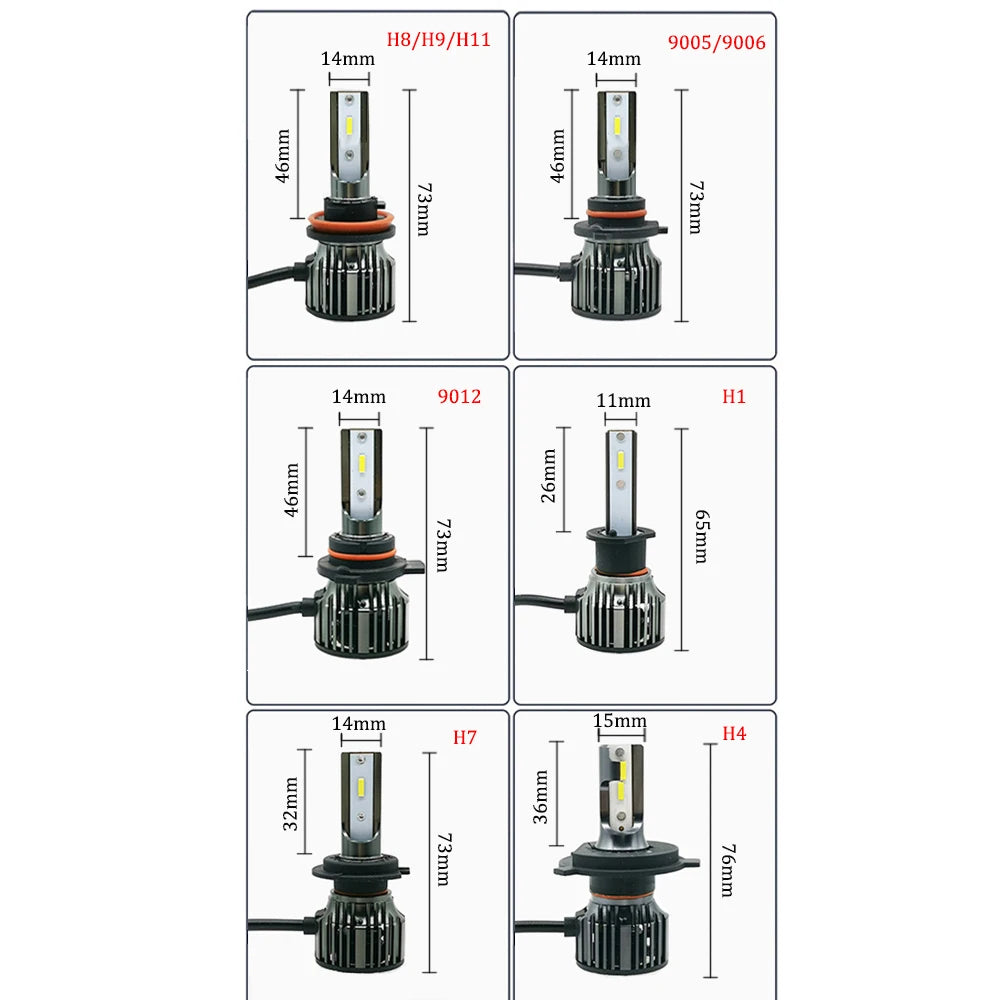 Various automotive LED headlight bulbs including H8, H9, H11, 9005/9006, H1, H7, and H4 types.