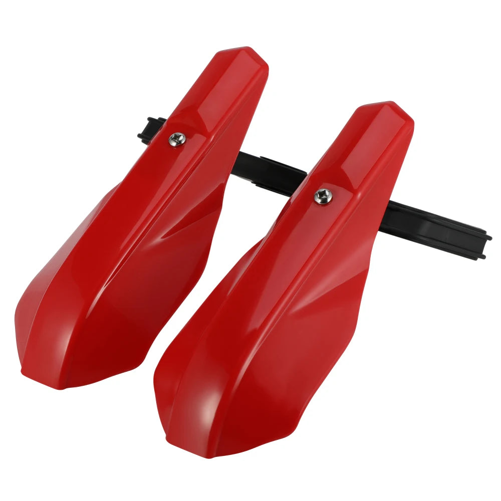 A bright red universal motorcycle handguard and brush protector mounted on a black bar.