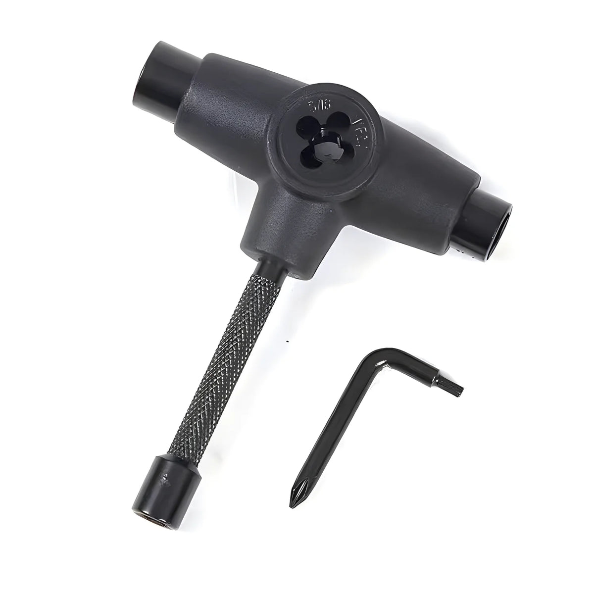 A black multi-tool set with a handle and a detachable tool tip is shown against a white background.