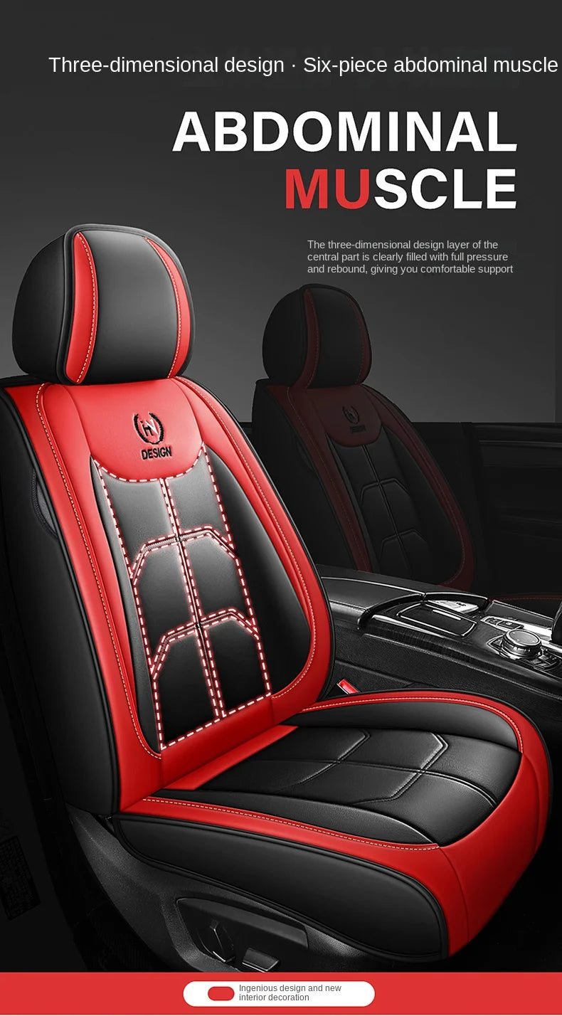A close-up view of a black and red leather car seat cover featuring a three-dimensional design for abdominal muscle support.