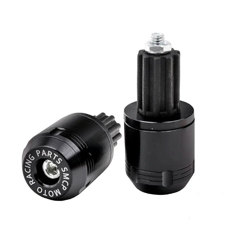 A black universal motorcycle handlebar end plug with a threaded top and a hexagonal fitting.