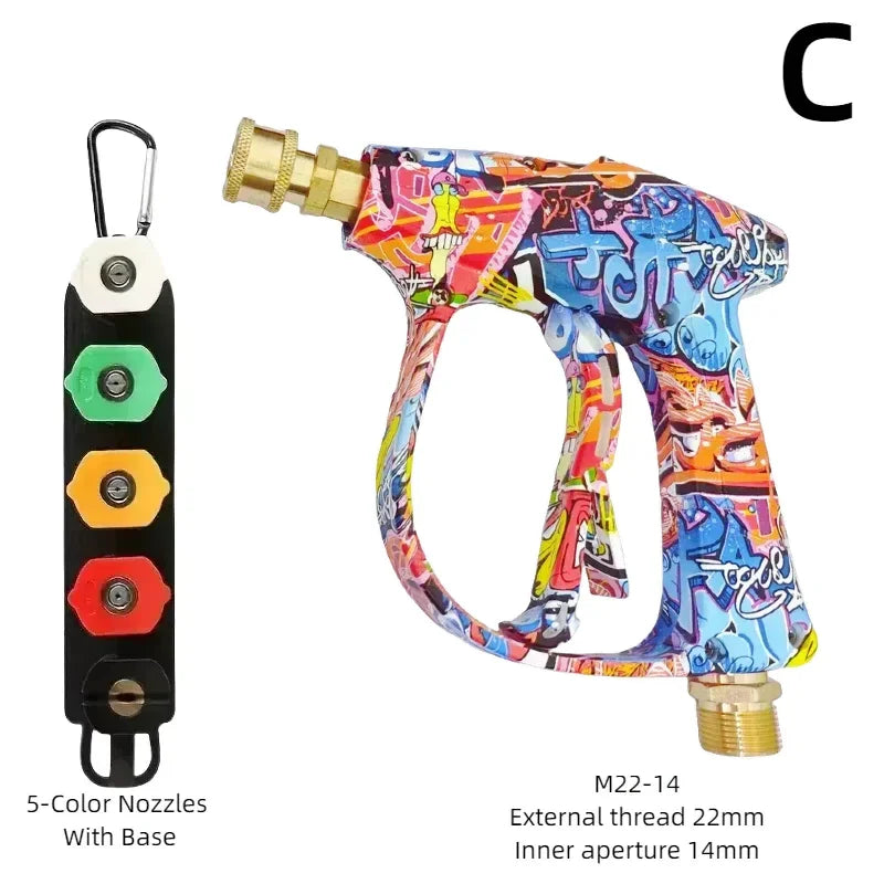 A colorful high-pressure foam water gun kit with a base and a brass nozzle.