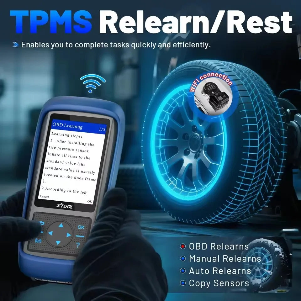 A hand holds a blue OBD learning device displaying instructions, next to a tire with an illuminated sensor.