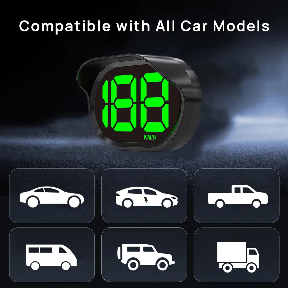 Compteur numérique vert affichant 108 km/h monté sur un dispositif noir pour HUD automobile.