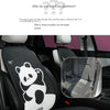 A black and white cartoon panda car seat cushion is shown installed in a car seat.