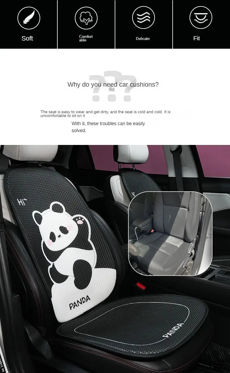 A black and white cartoon panda car seat cushion is shown installed in a car seat.