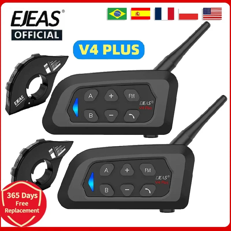 EJEAS V4 Plus motorcycle Bluetooth intercom helmet system with multiple components shown.