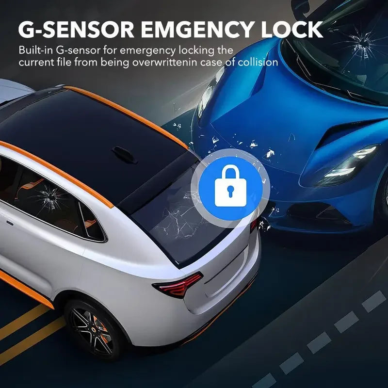 A white car is shown with a close-up of an emergency lock feature on the glass, demonstrating collision protection.