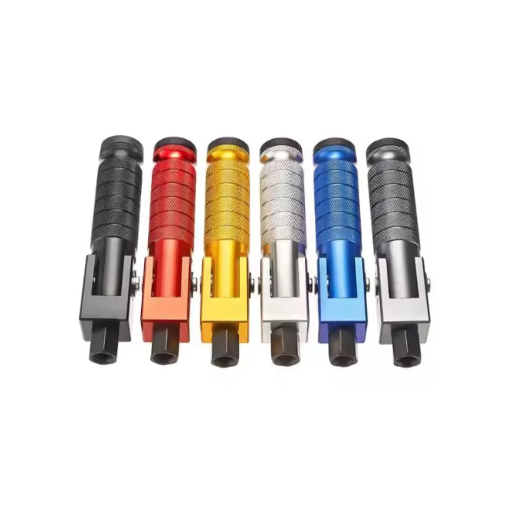A set of eight universal motorcycle foot pegs and footrests in various colors including black, red, yellow, and blue.