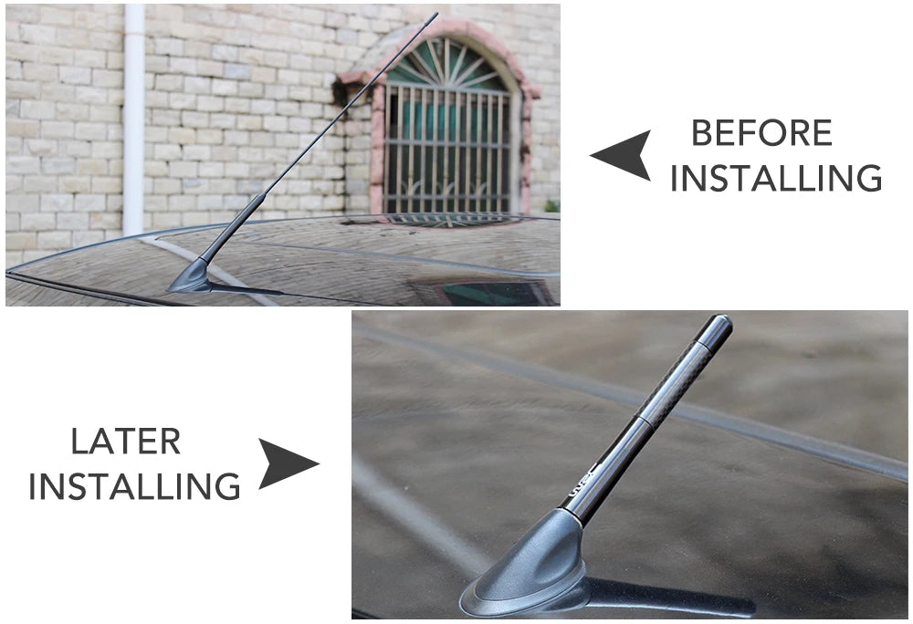 Comparison showing a carbon fiber radio antenna before and after installation on a vehicle roof.