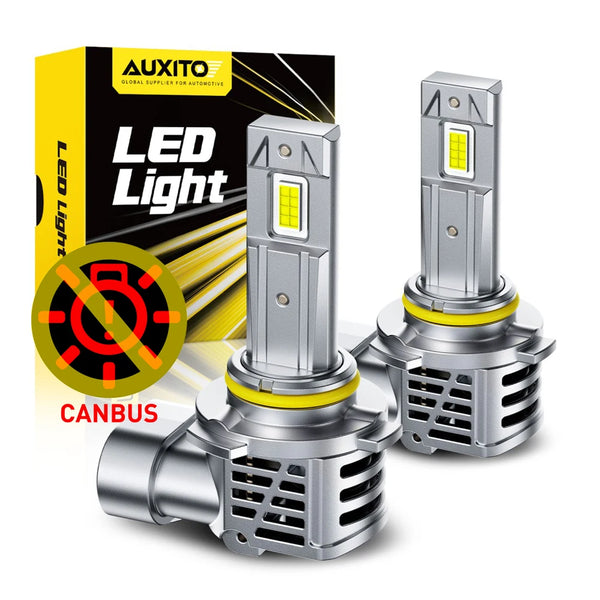 A package and two silver LED light bulbs with yellow accents are shown for Canbus automotive lighting.