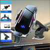 A black wireless car charger with RGB lighting is shown mounted on a vehicle dashboard.