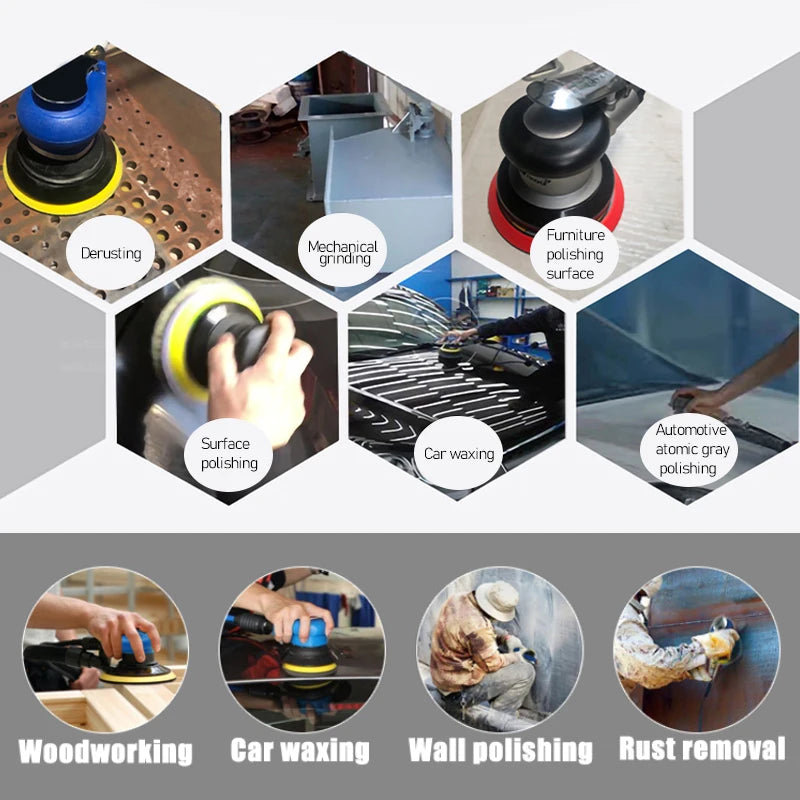A collection of tools including a pneumatic orbital sander, surface polishing equipment, car waxing tools, wall polishing too