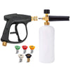 A heavy duty foam pressure washer kit showing a black pump, a white bottle, and several foam nozzles.