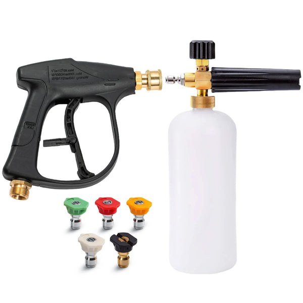 A heavy duty foam pressure washer kit showing a black pump, a white bottle, and several foam nozzles.