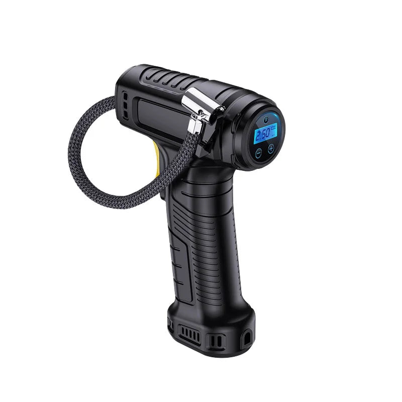 A black portable digital tire air pump with a flexible hose and a display showing 2.50 PSI.