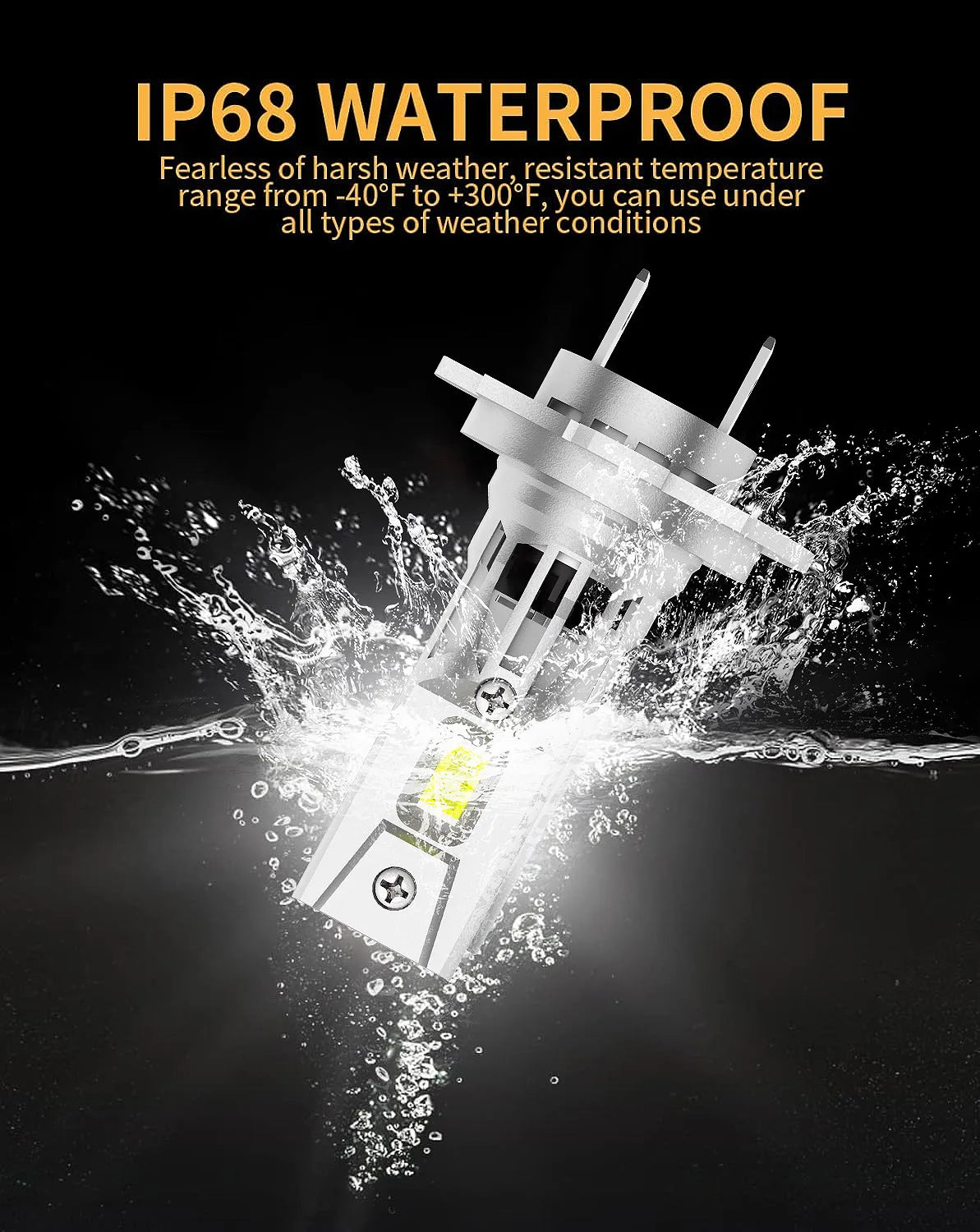 A bright white LED automotive headlight bulb is shown splashing water in a test environment.