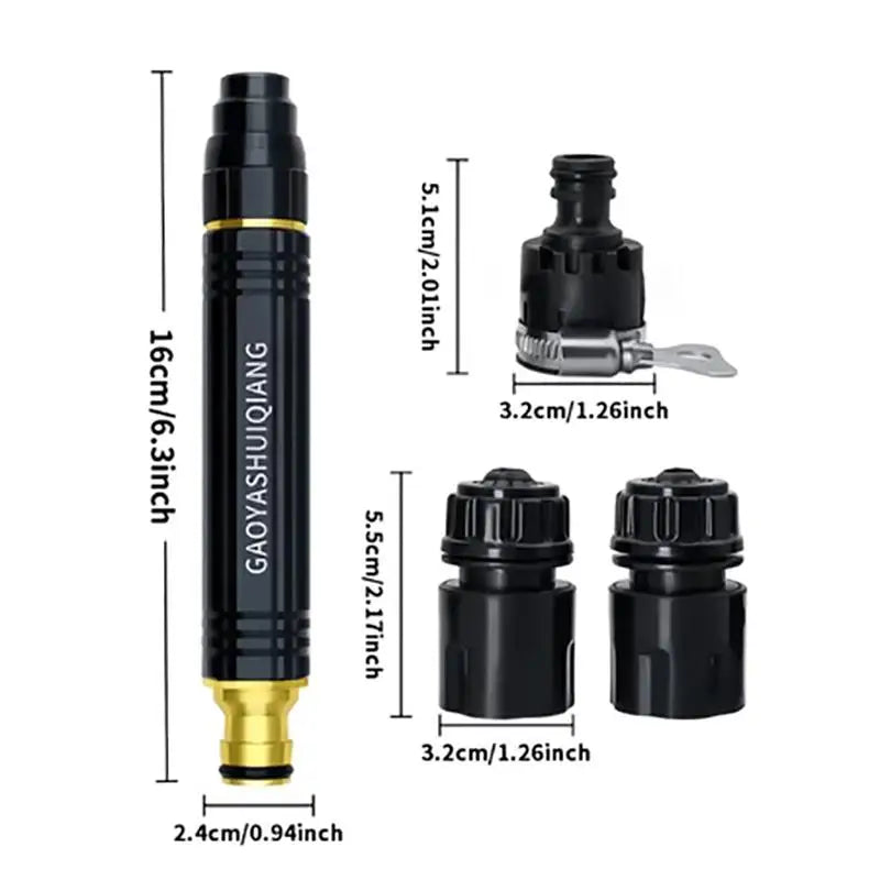 A set of black and gold high-pressure water spray and watering kit components shown with dimension lines.