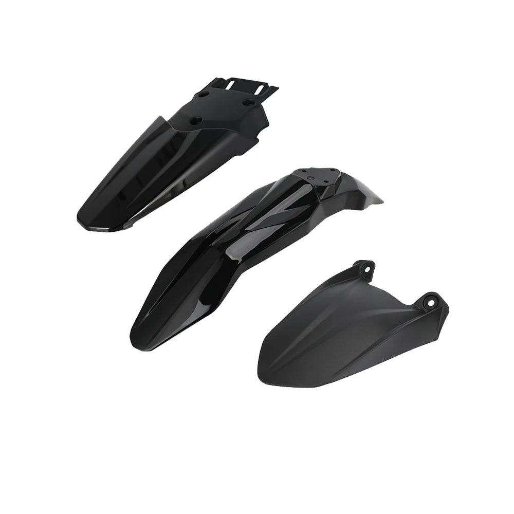Black motorcycle mudguard and protection kit for Talaria models shown from various angles