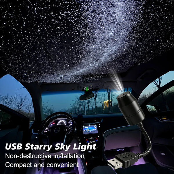 A USB starry sky light projector installed in a car interior, illuminating the ceiling and dashboard.