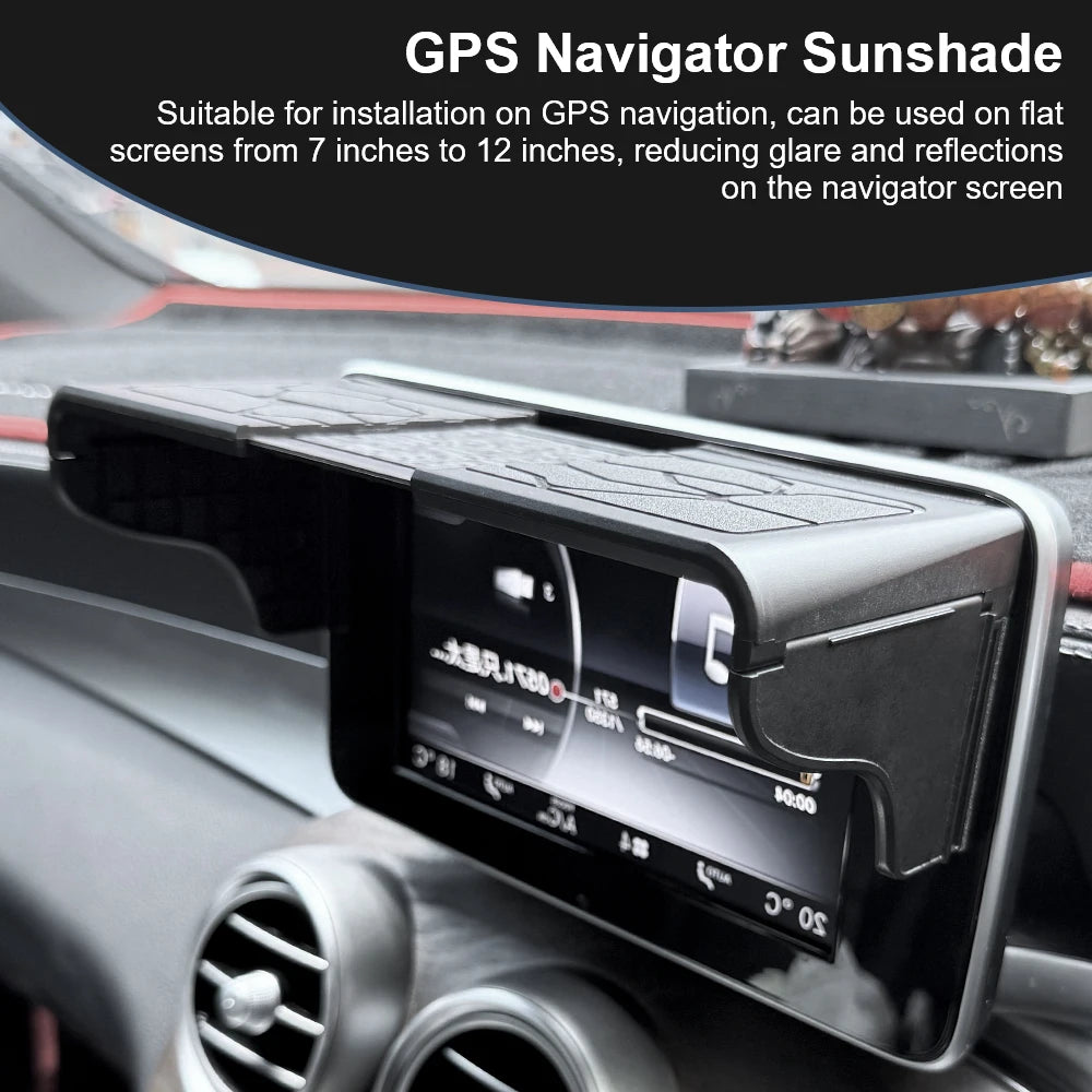 A black sunshade for a car GPS navigator screen installed on a dashboard.