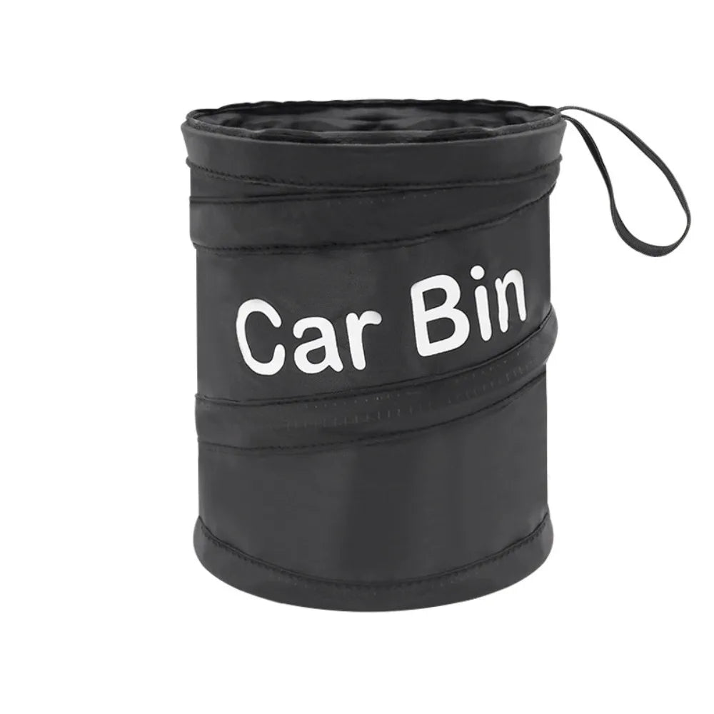 Black waterproof collapsible car bin bag with a drawstring closure.