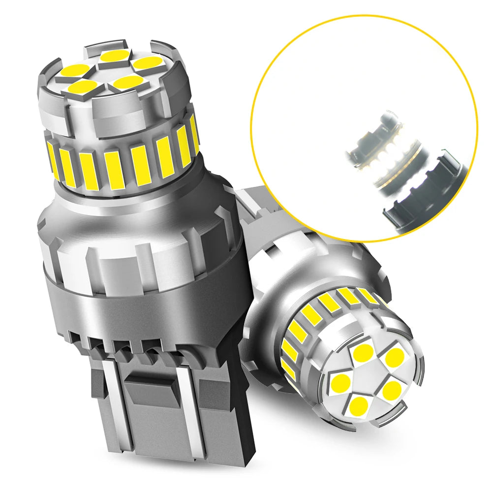 A silver universal LED brake light bulb set with a yellow lens, shown next to an inset detail view.