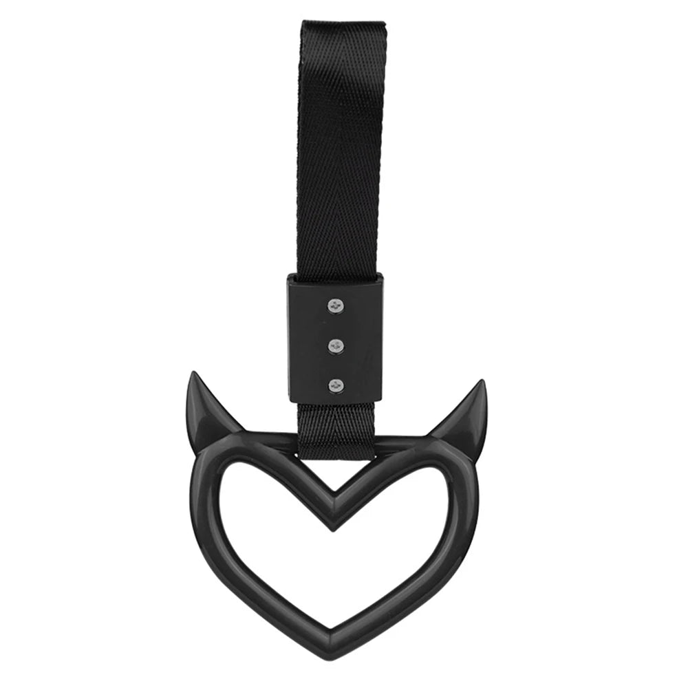 Black leather strap and heart-shaped handle accessory for automotive use