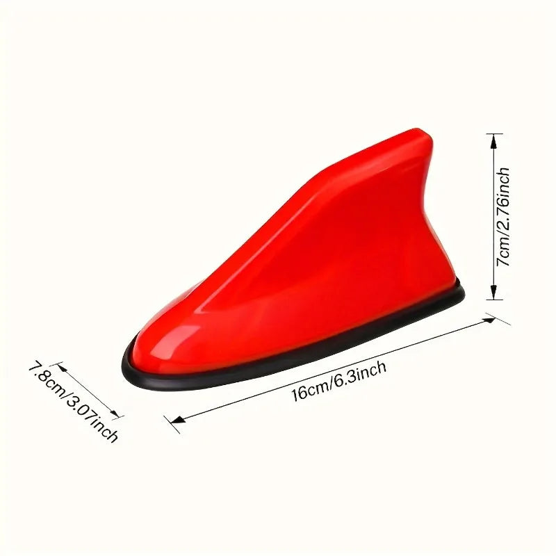 Red shark fin universal car antenna amplifier with dimensions shown.