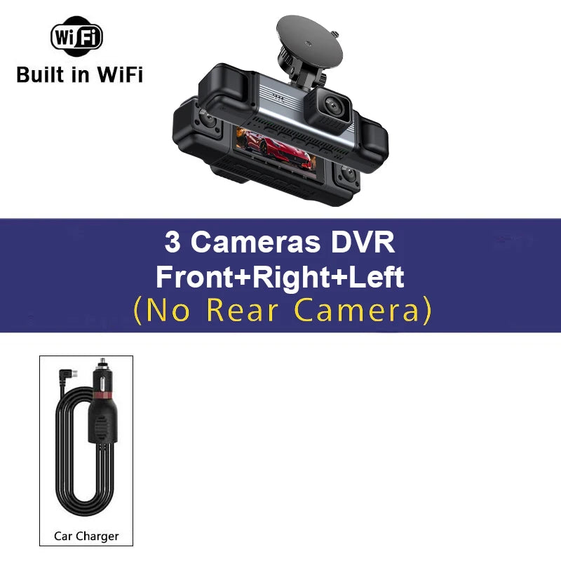 Schwarze 4-Kanal-Wi-Fi-Dashcam mit Front-, rechte und linke Kamera in einem Fahrzeug installiert.