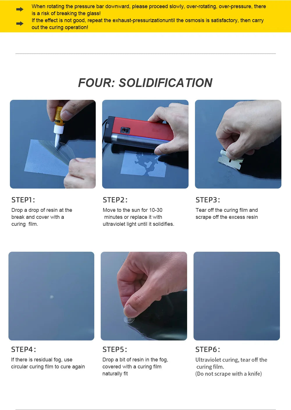Instructions for solidification of resin using a curing film and ultraviolet light.