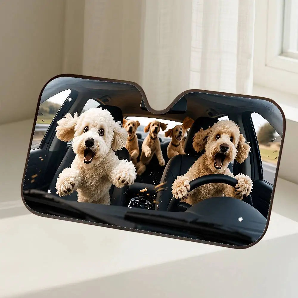 A dog-themed car windshield sunshade featuring several golden retriever puppies inside the black protective frame.