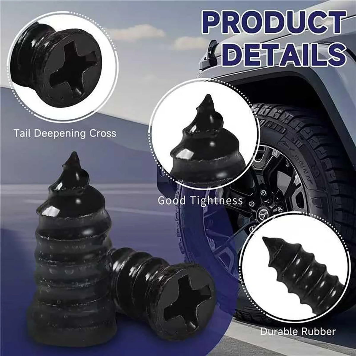 A set of black tire repair plugs and a tool for fixing punctures in car or motorcycle tires.