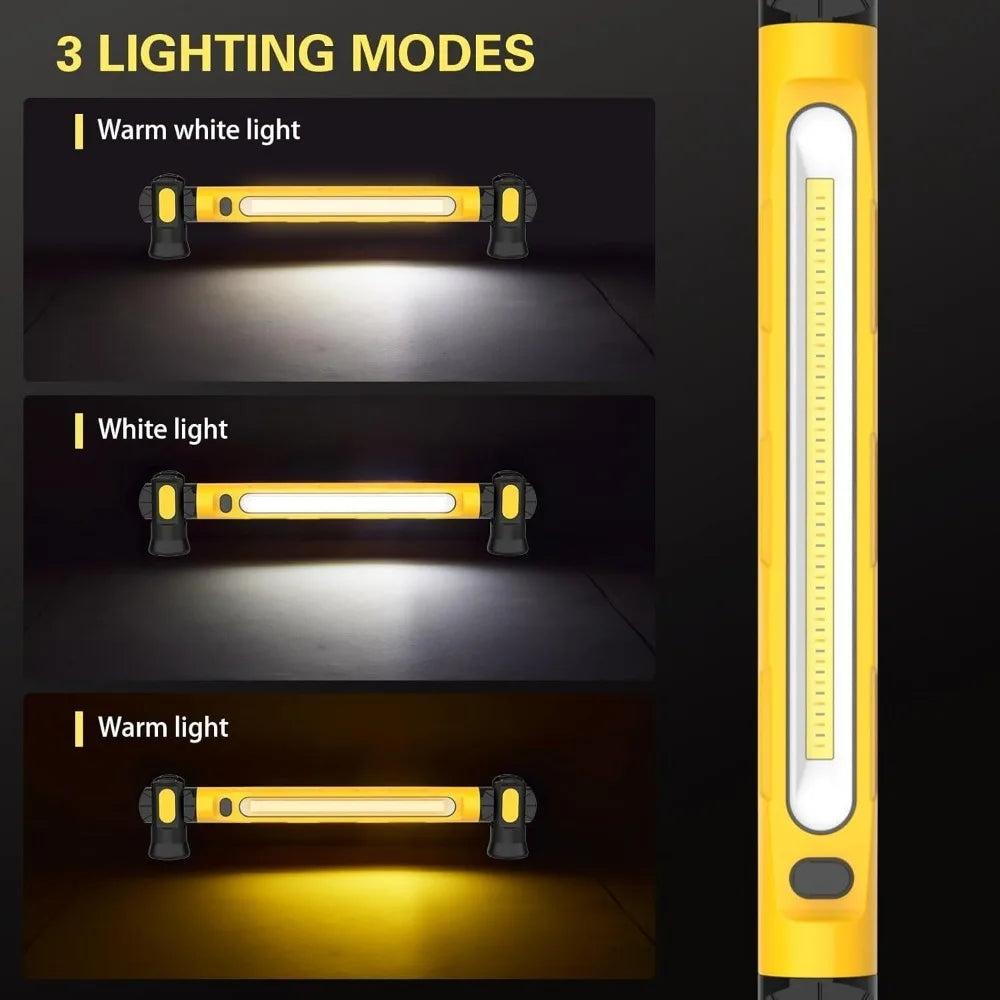 A yellow magnetic rechargeable work light showing three lighting modes: warm white, white, and warm light.