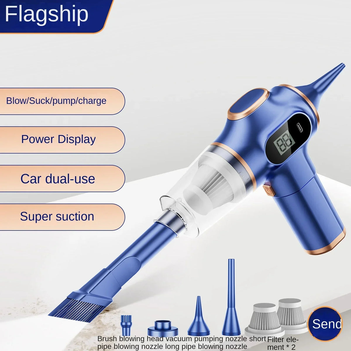 A blue cordless vacuum cleaner with a brush blowing head and a long pipe blowing nozzle shown against a white background.