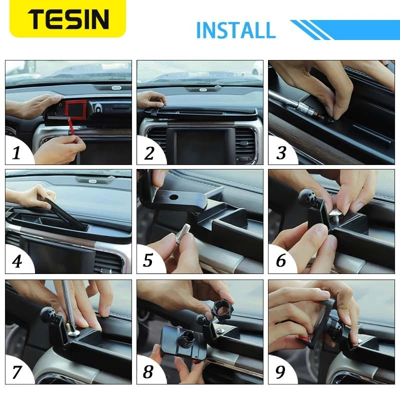 Neun Schritte zur Installation eines Handyhalters für die Mittelkonsole eines Dodge RAM Fahrzeugs.