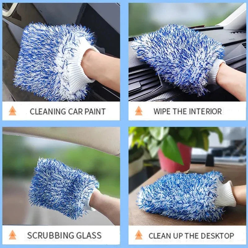 Four images showing a blue microfiber cleaning glove used for various tasks like cleaning car paint, wiping interiors, scrubb