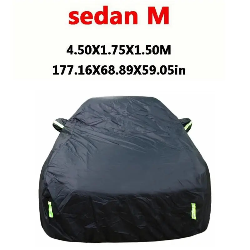 Black universal all-weather car cover for a sedan M vehicle.
