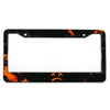 Black and orange marbled aluminum license plate frame with a rectangular cutout.