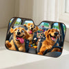 A dog-themed car windshield sunshade featuring cartoon dogs and cats inside the vehicle.