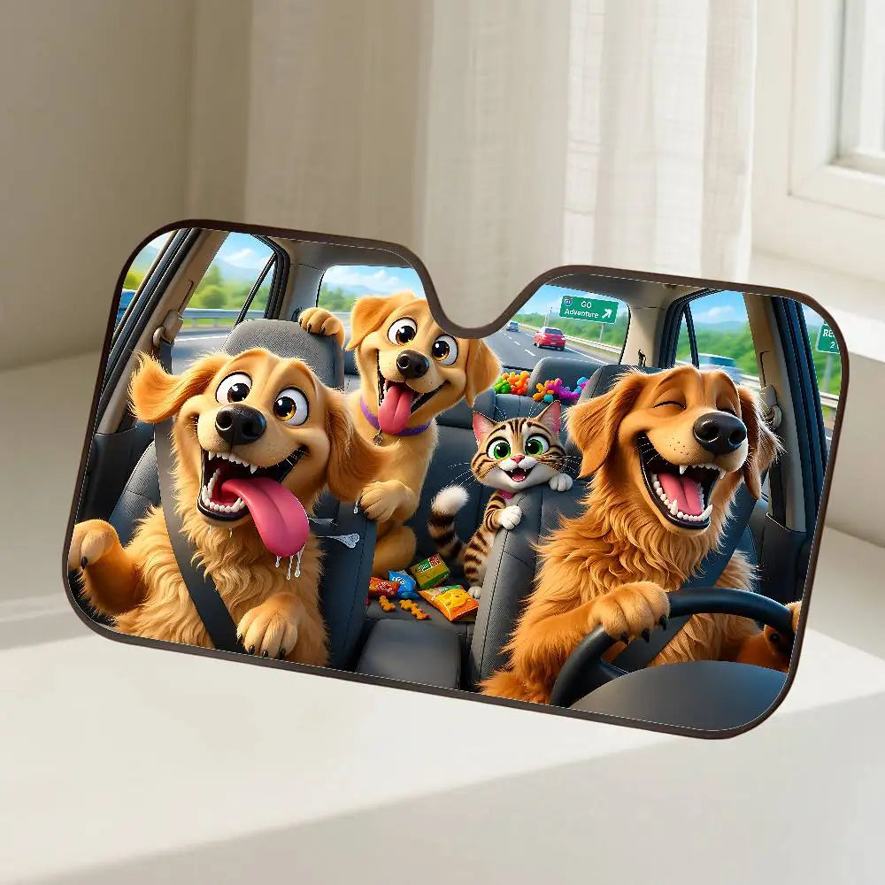 A dog-themed car windshield sunshade featuring cartoon dogs and cats inside the vehicle.