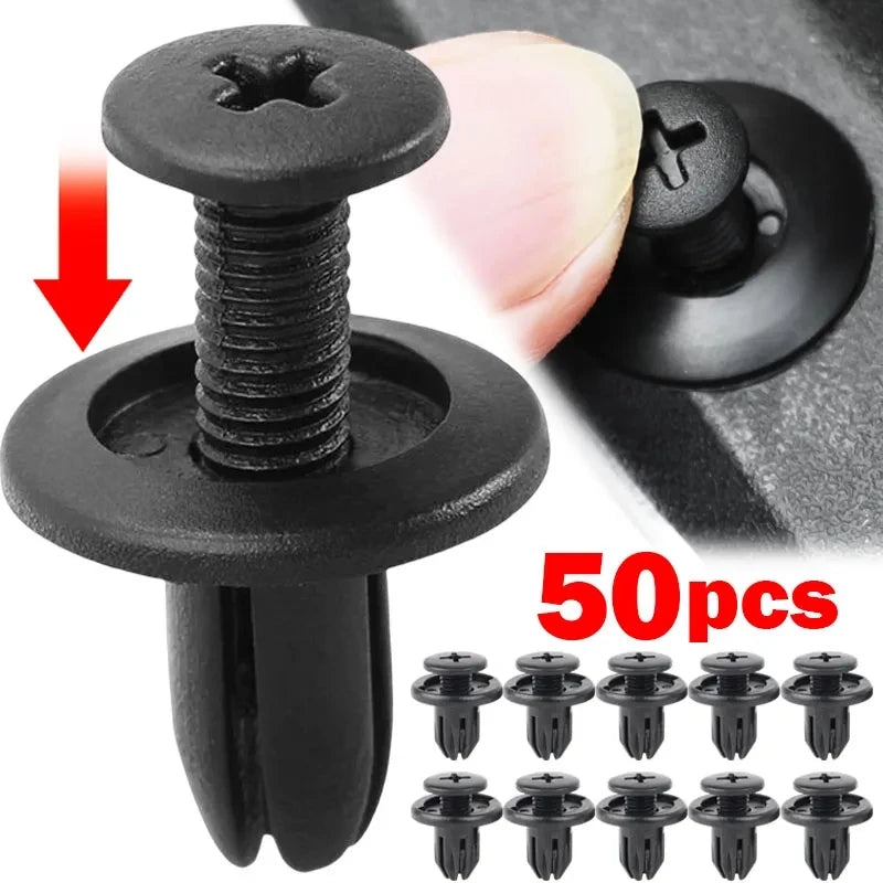 A set of 50 black plastic fasteners used for vehicle trim installation.