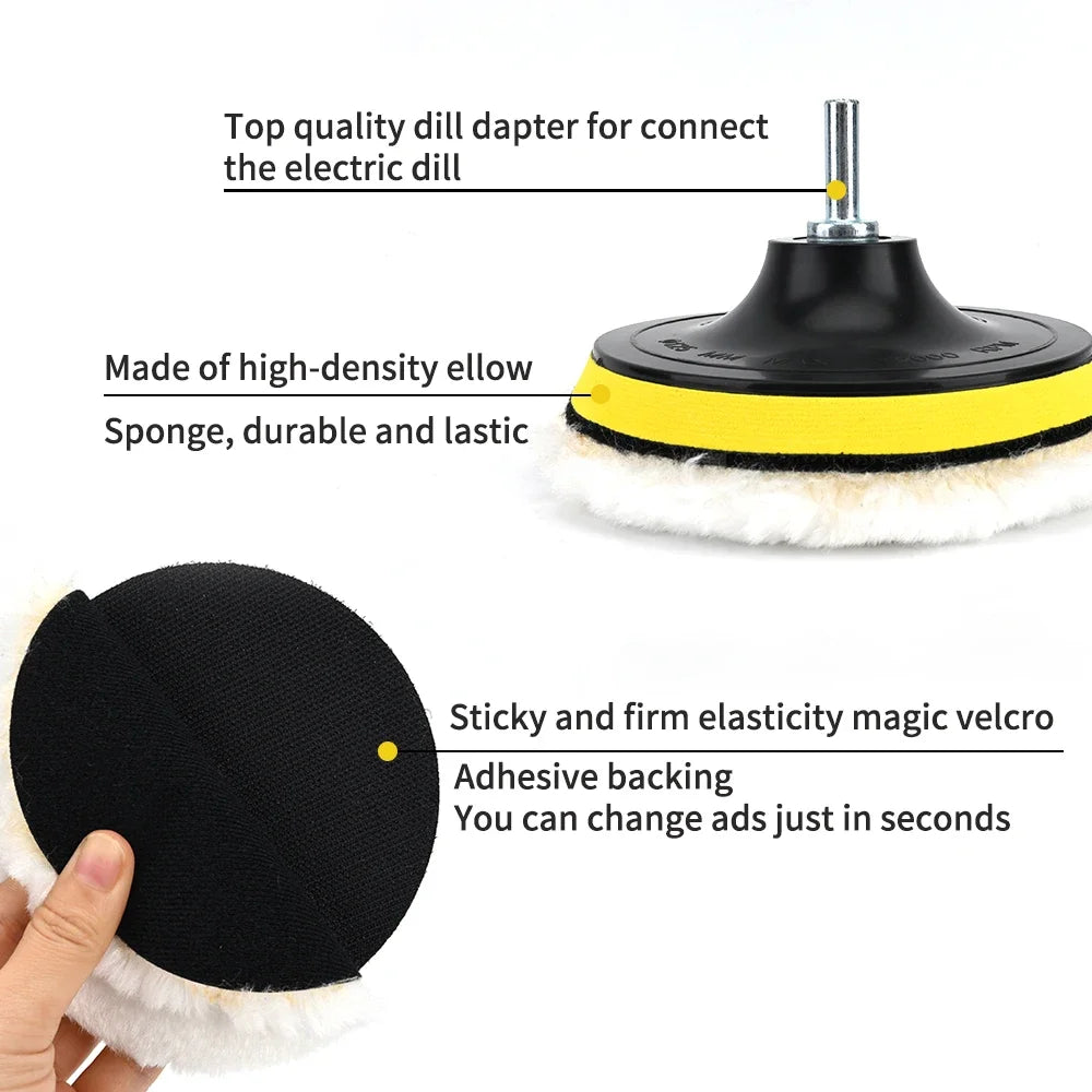 A black wool buffing pad with a yellow grip and a magnetic connector for an electric drill.