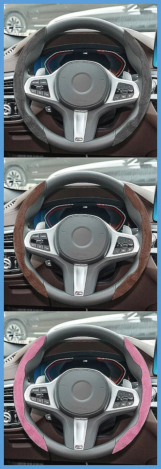 A close-up view of a steering wheel with a suede cover, featuring leather and plastic components.