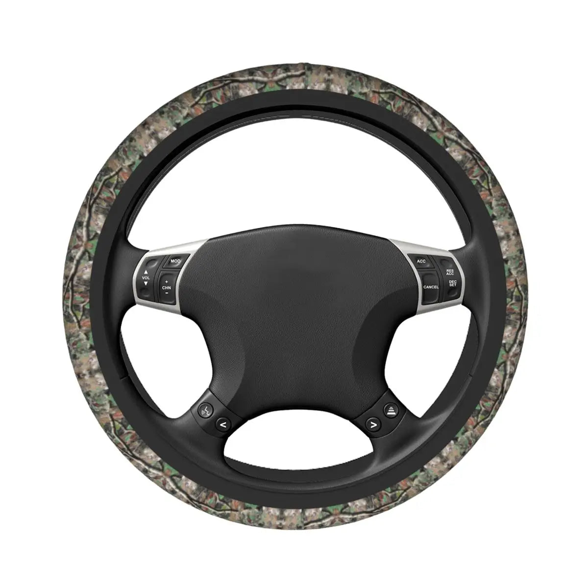 Steering wheel covered in camouflage patterned material