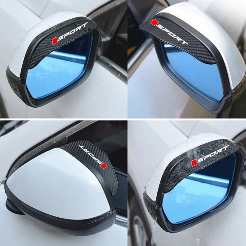 A clear blue universal car rearview mirror rain cover installed on a vehicle.